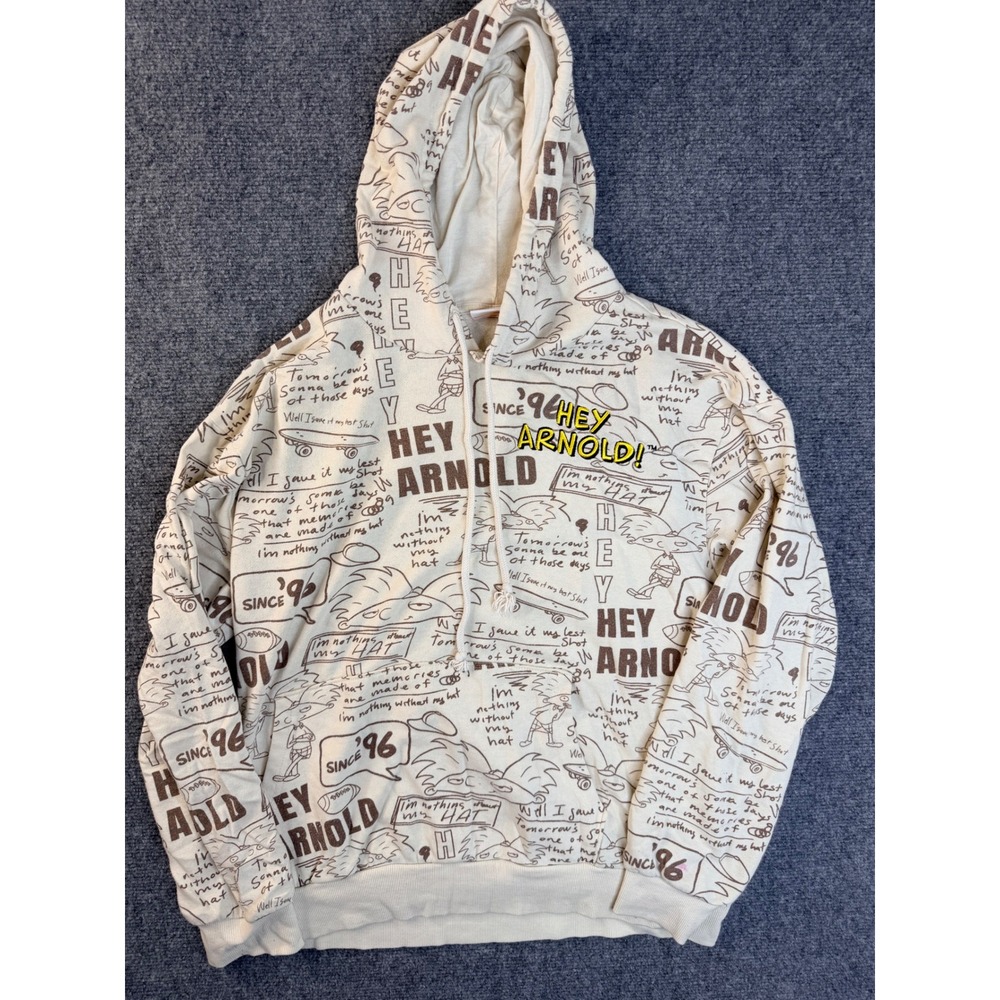 Nickelodeon Hey Arnold Hoodie Mens Medium Cream All Over Print Graphic Sweatshir